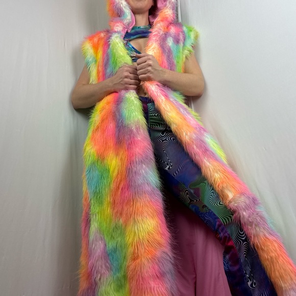 LONG Fur LED Glowing Light Up Coat Burning Man Rave Festival Rainbow Pastel EDC - Picture 8 of 16